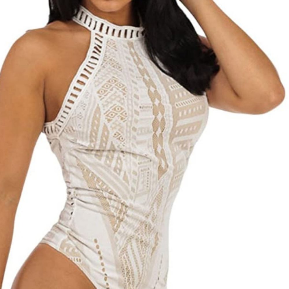 Woven Sheer Back Lined Halter Neck Bodysuits-NEW